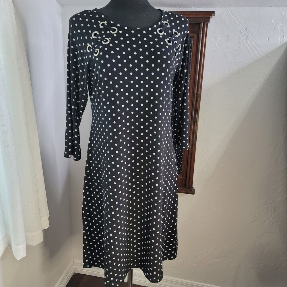 MSK Black White Polka Dot Dress Grommet 3/4 Sleeve A-Line Career Casual StretchM